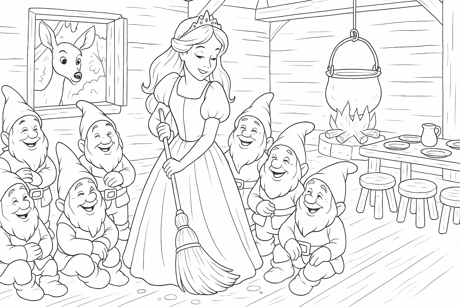 Schneewittchen und die sieben Zwerge als Malvorlage