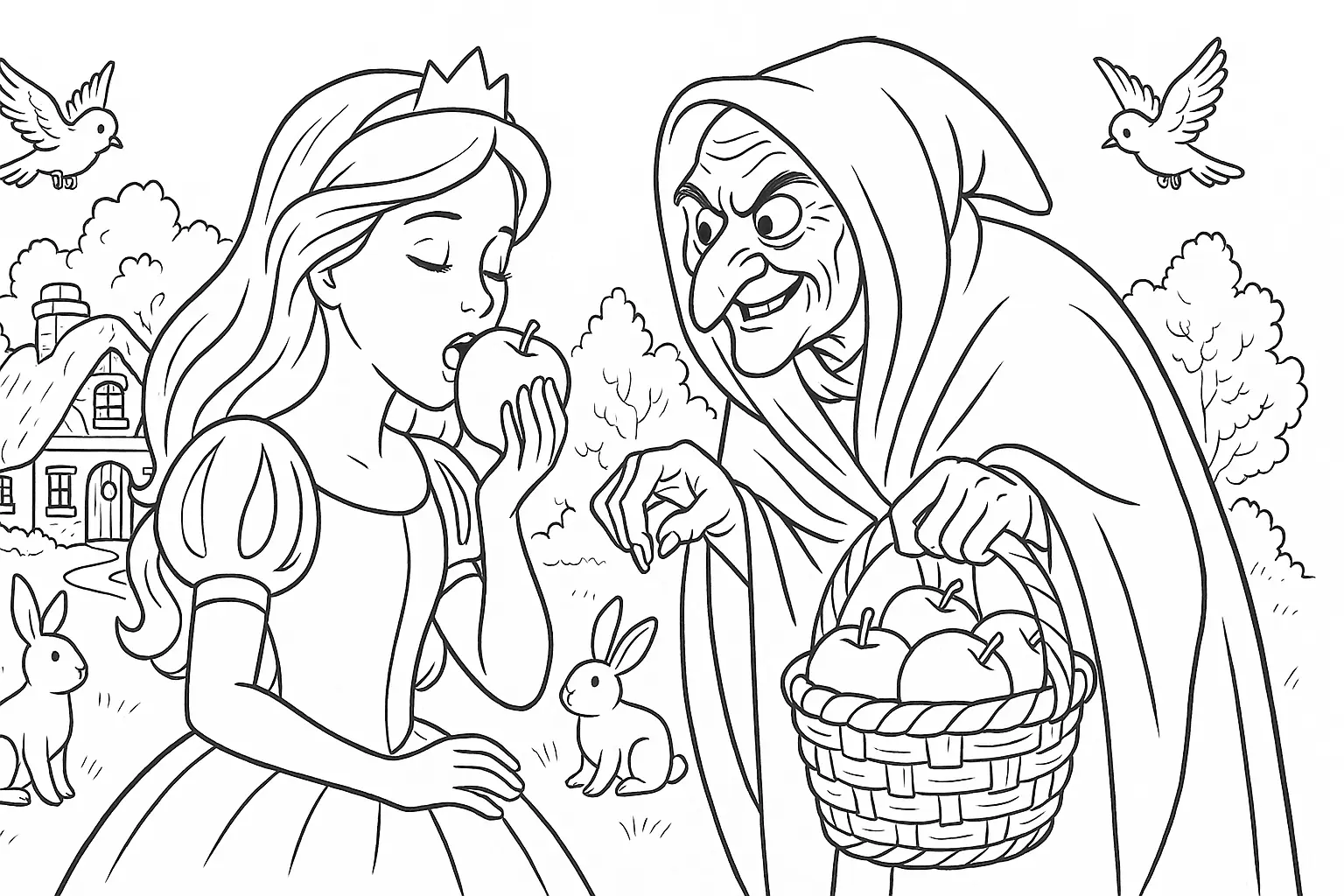 Malvorlage Schneewittchen mit vergiftetem Apfel ausdrucken