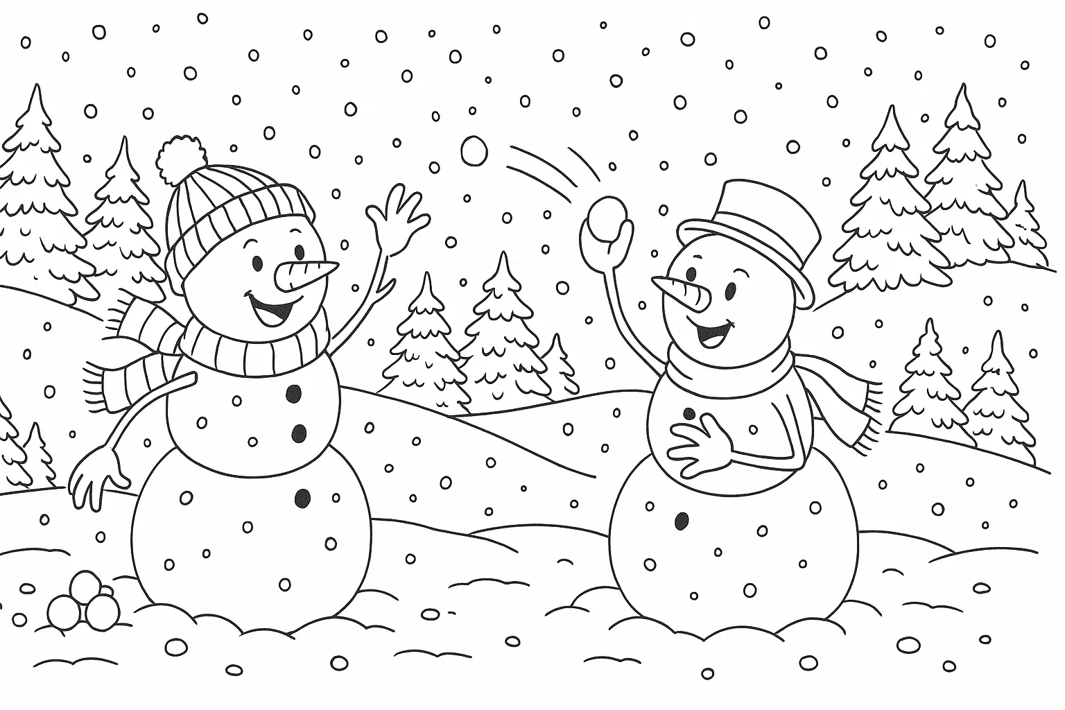 Ausmalbild: Schneemänner machen lustige Schneeballschlacht
