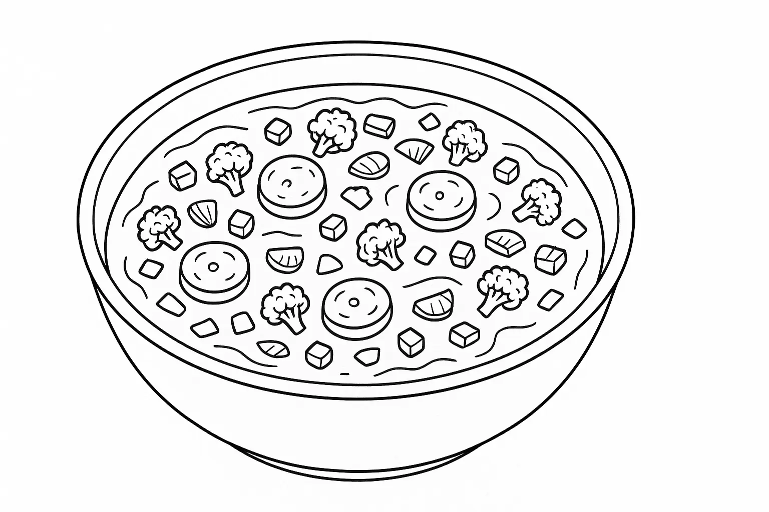 Suppe Ausmalbild mit Gemüse und Würstchen als PDF Vorlage