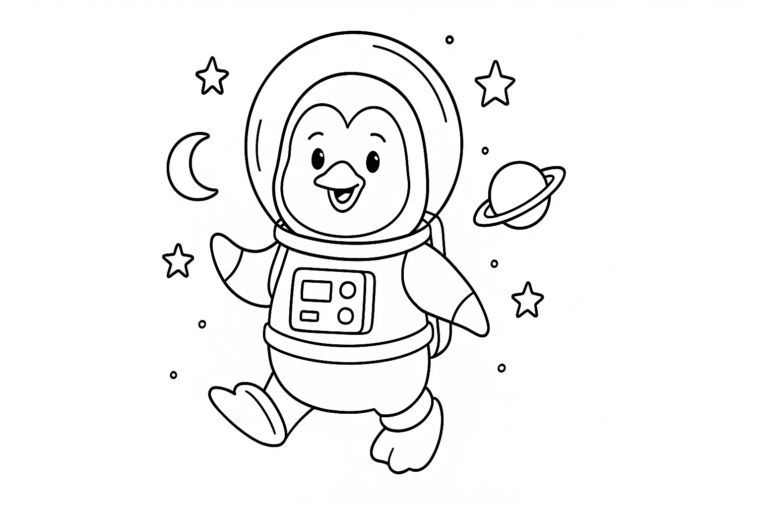 Weltraumspaß mit Pinguin – Ausmalbild für kleine Astronauten