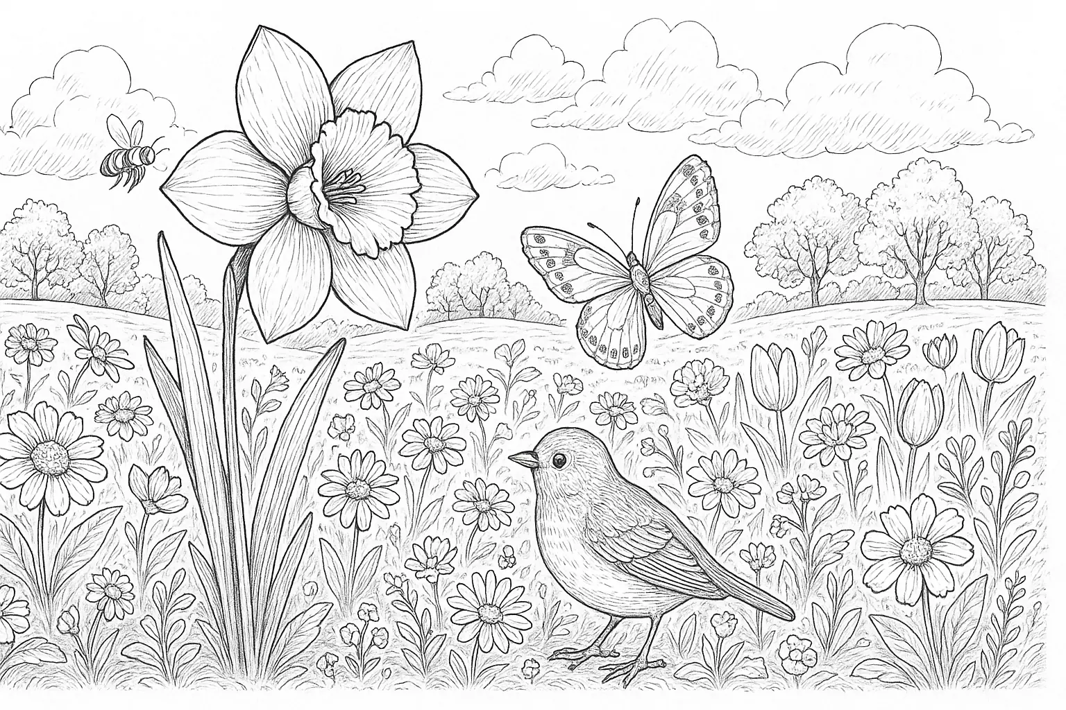 Frühling mit Blume, Schmetterling und Vogel als Ausmalbild