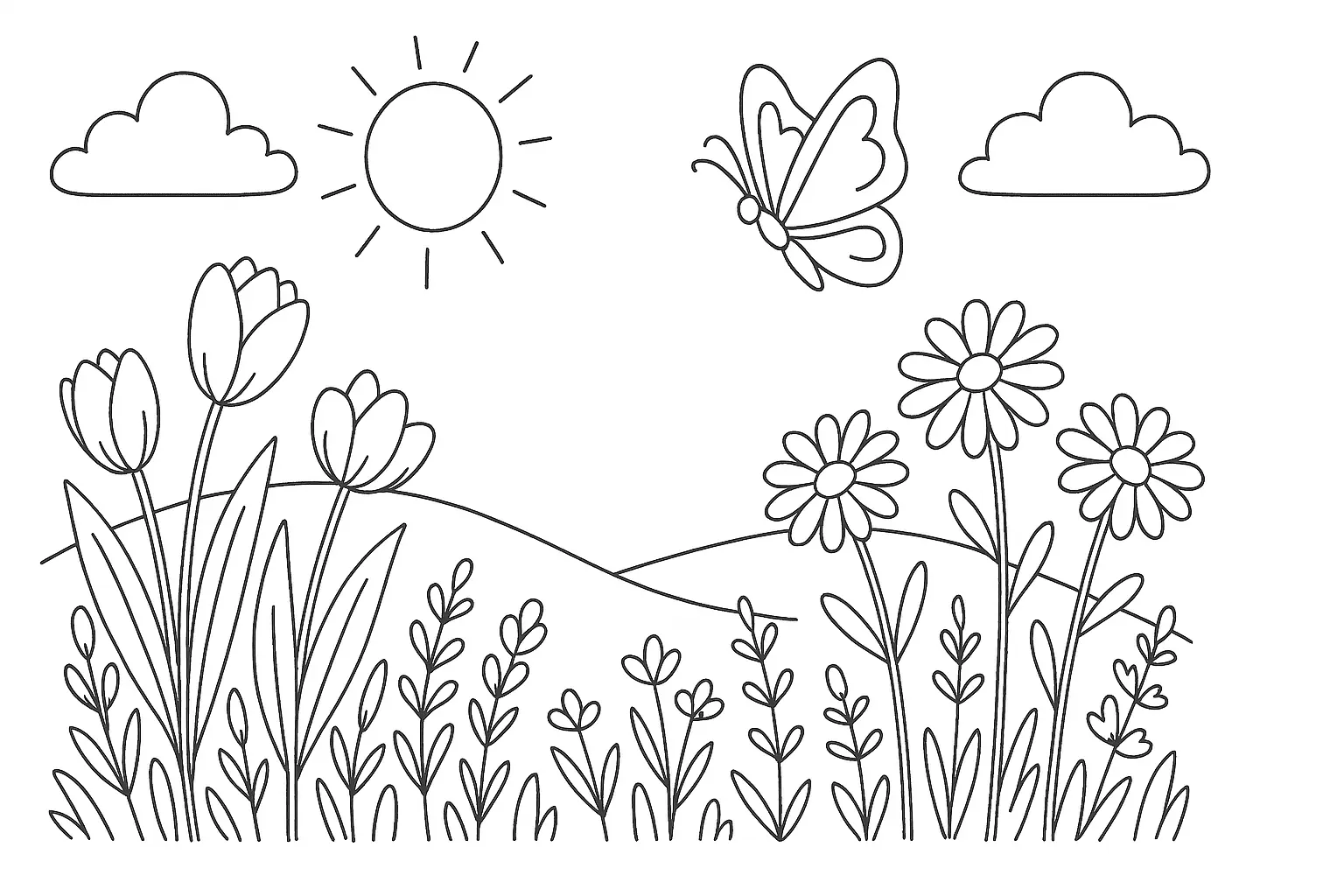 Frühlingshafte Blumenwiese mit Schmetterling ausmalen