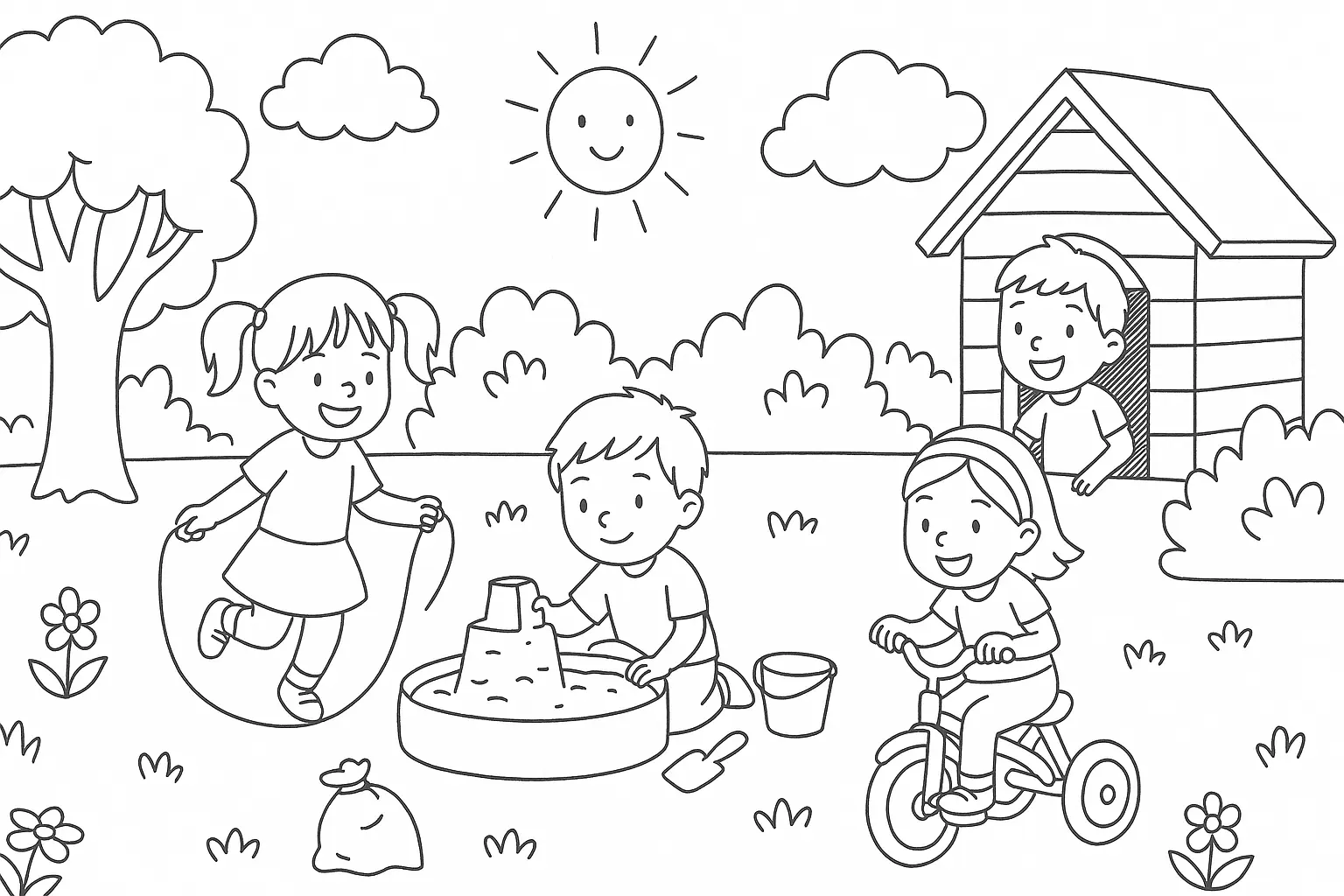 Frühling im Garten – Ausmalbild mit Kindern & Spielhaus