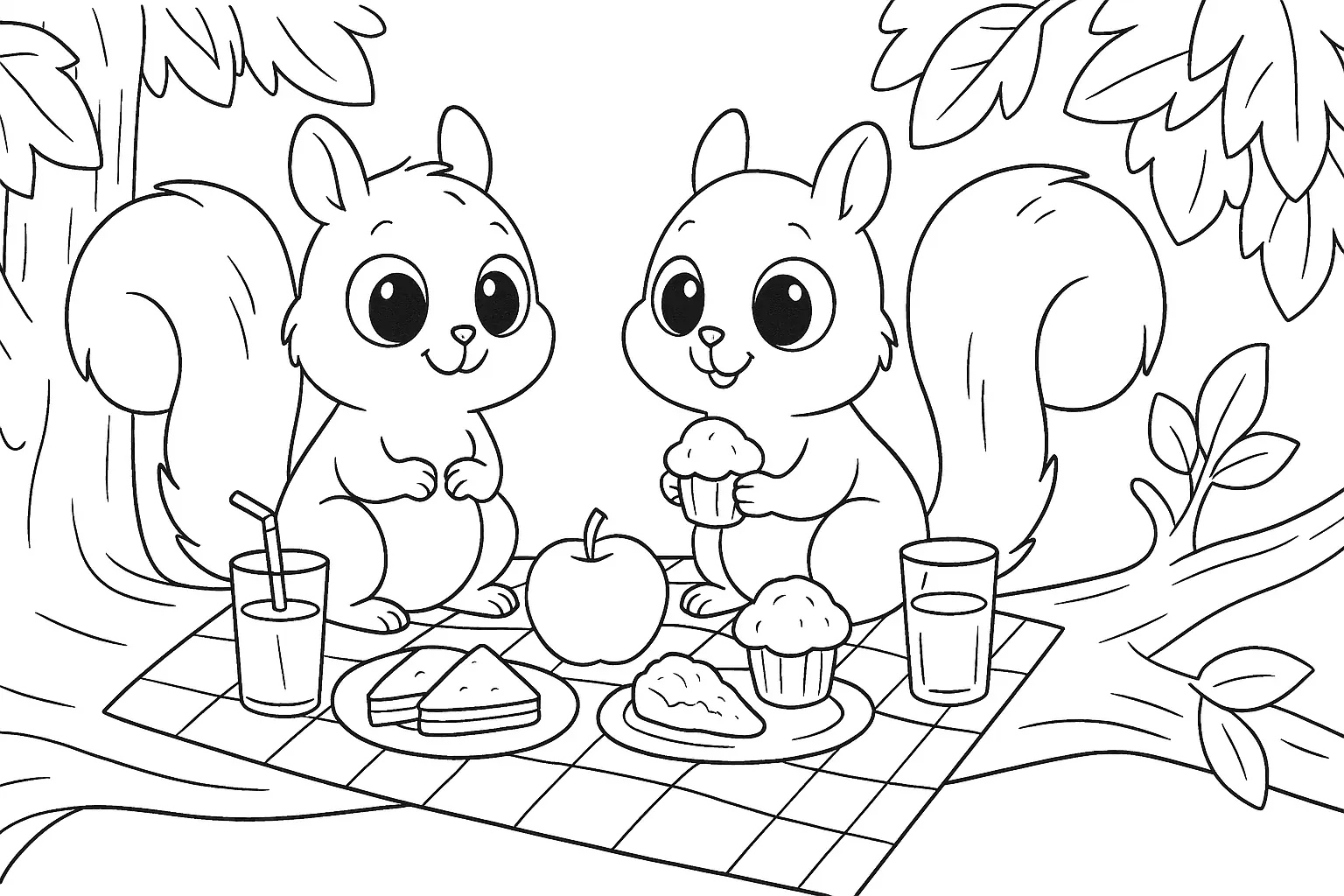 Eichhörnchen beim Picknick – Tiermotiv zum Ausmalen gratis