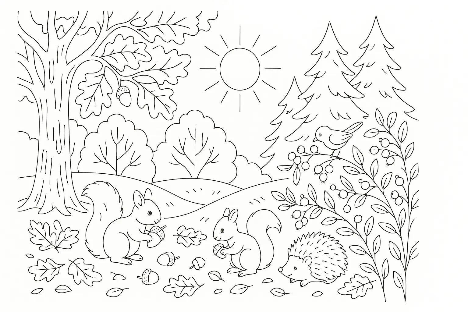 Eichhörnchen im Wald Malvorlage kostenlos zum Ausdrucken