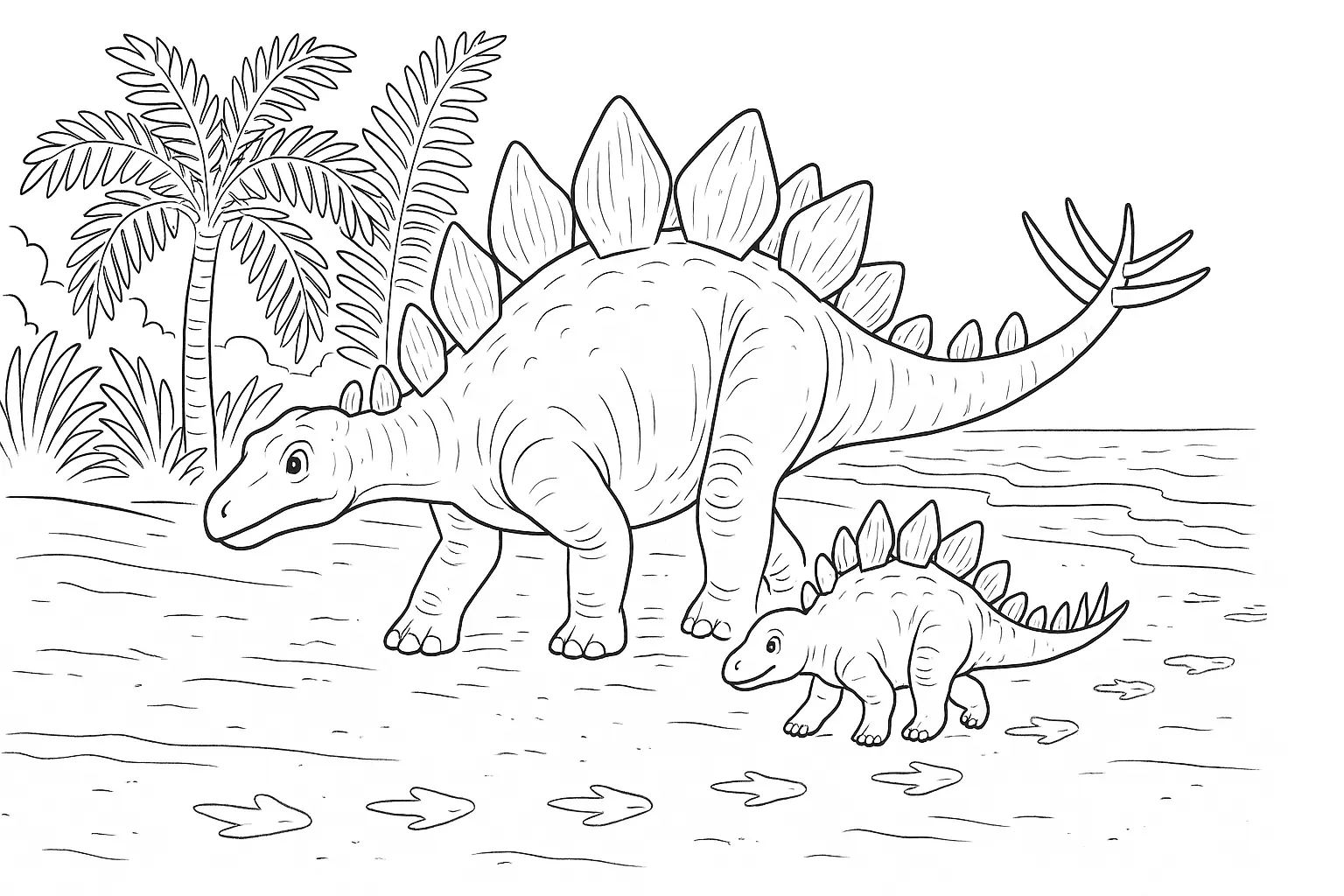 Stegosaurus Ausmalbild: Dino mit Jungtier am Meeresufer