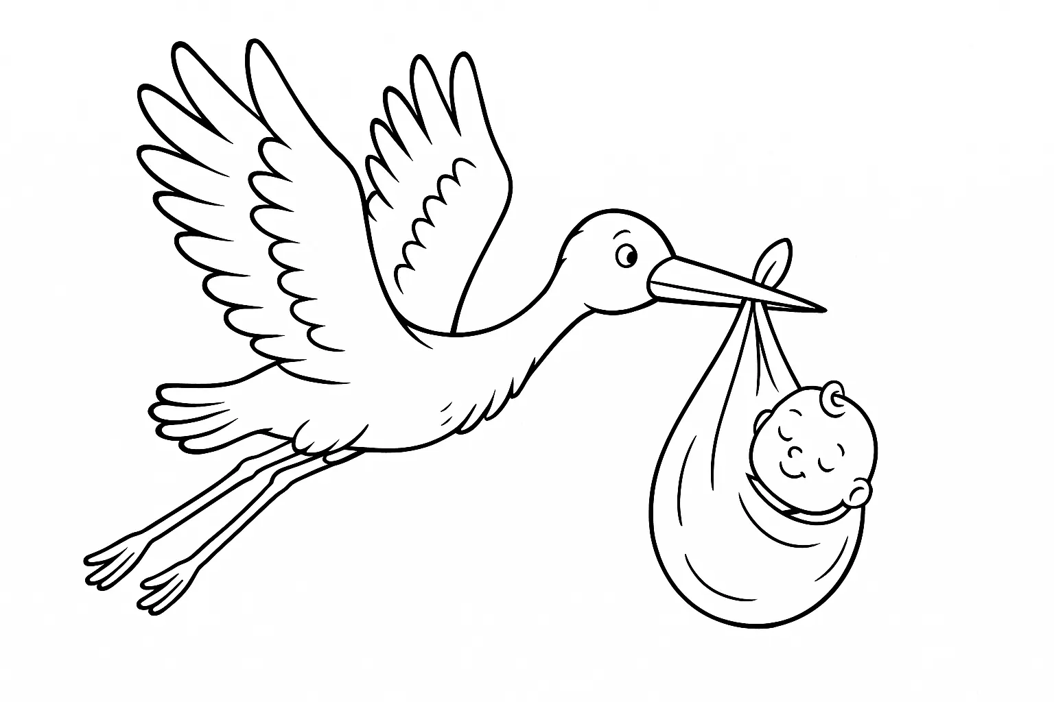 Storch fliegt mit Baby im Sack