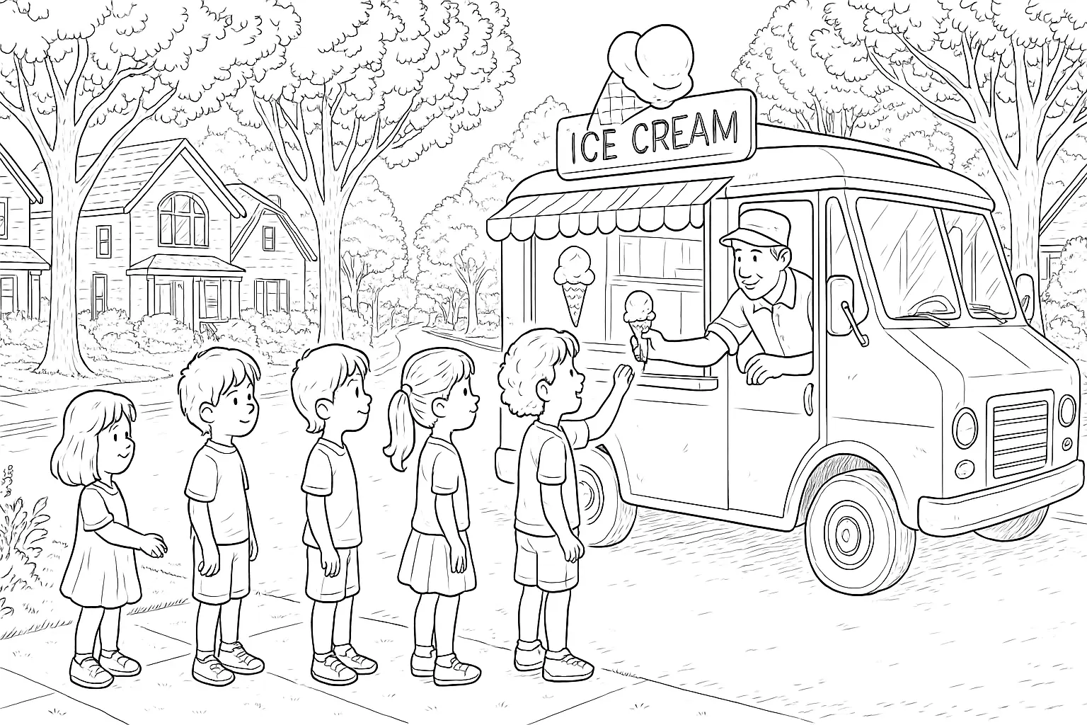 Sommer Ausmalbild mit Eiswagen und wartenden Kindern