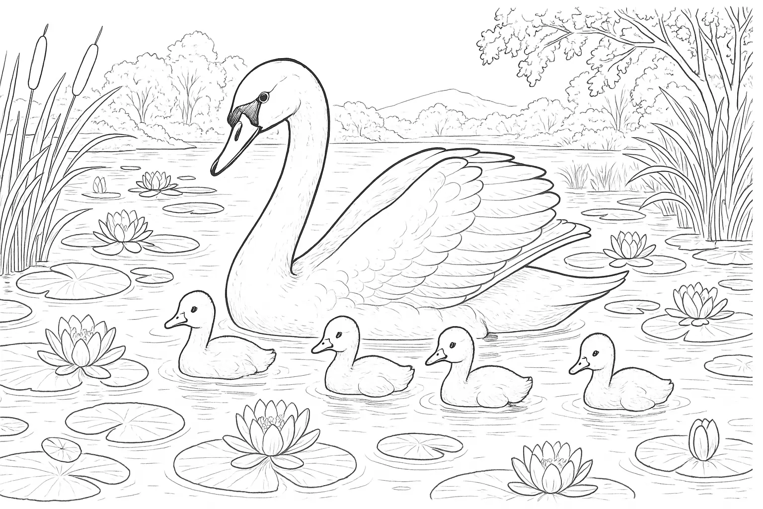 Cigno con pulcini – disegno con ninfee