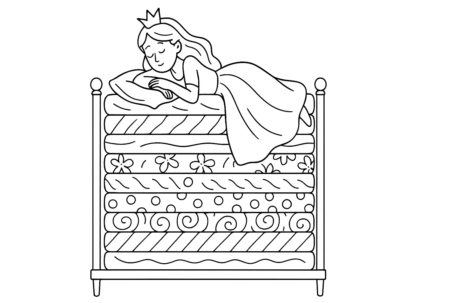 Die Prinzessin auf der Erbse – Märchen Ausmalbild als PDF