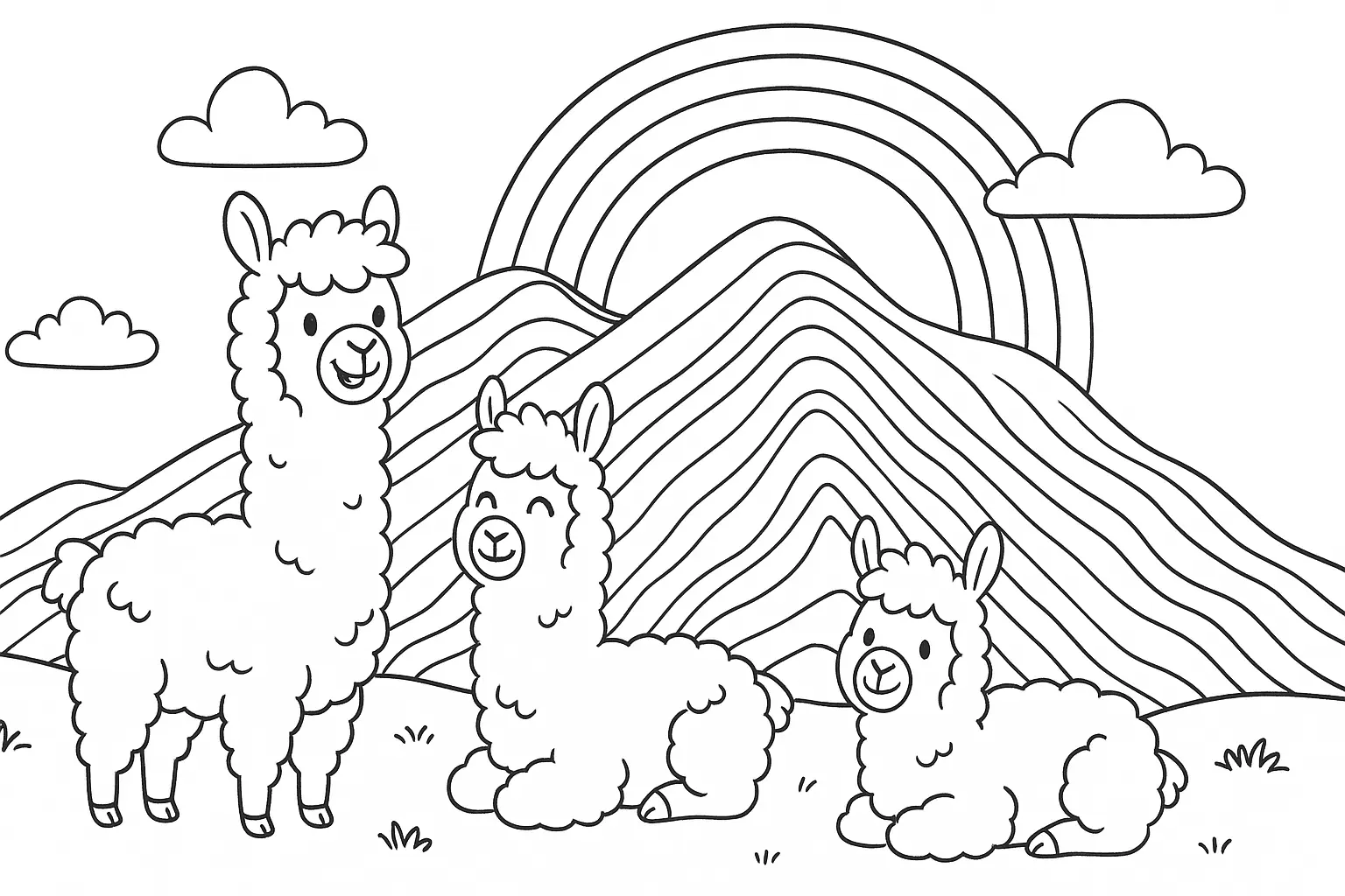 Three Llamas in the Mountains – Rainbow Coloring Page