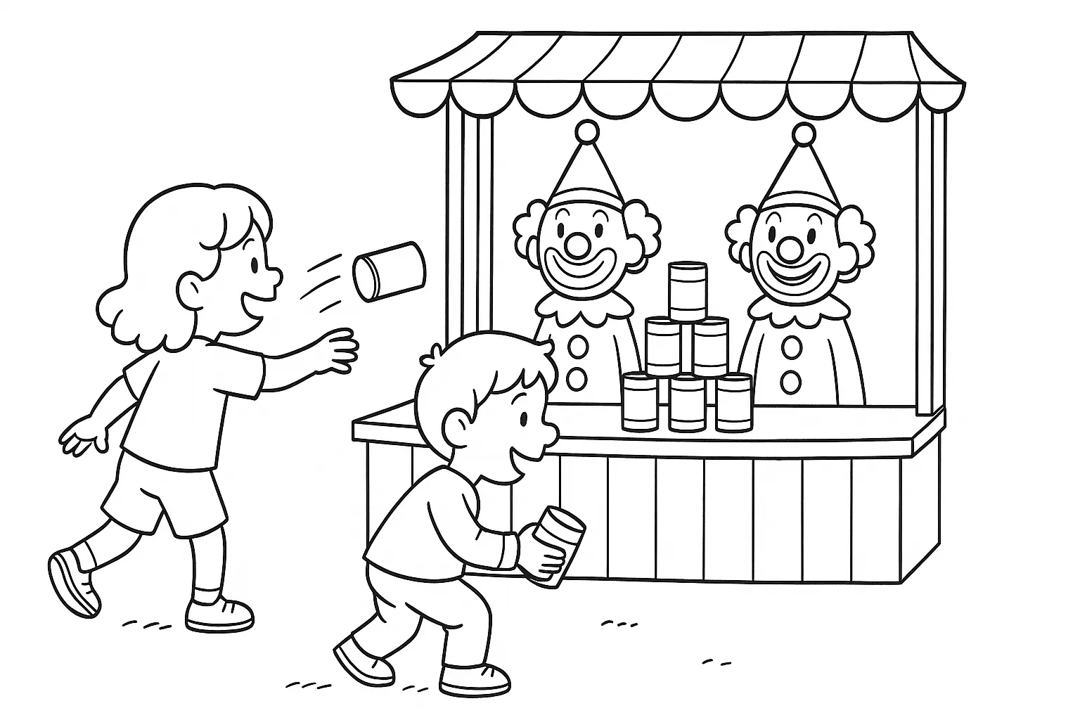 Malvorlage Dosenwerfen für Kinder mit Jahrmarkt und Clowns