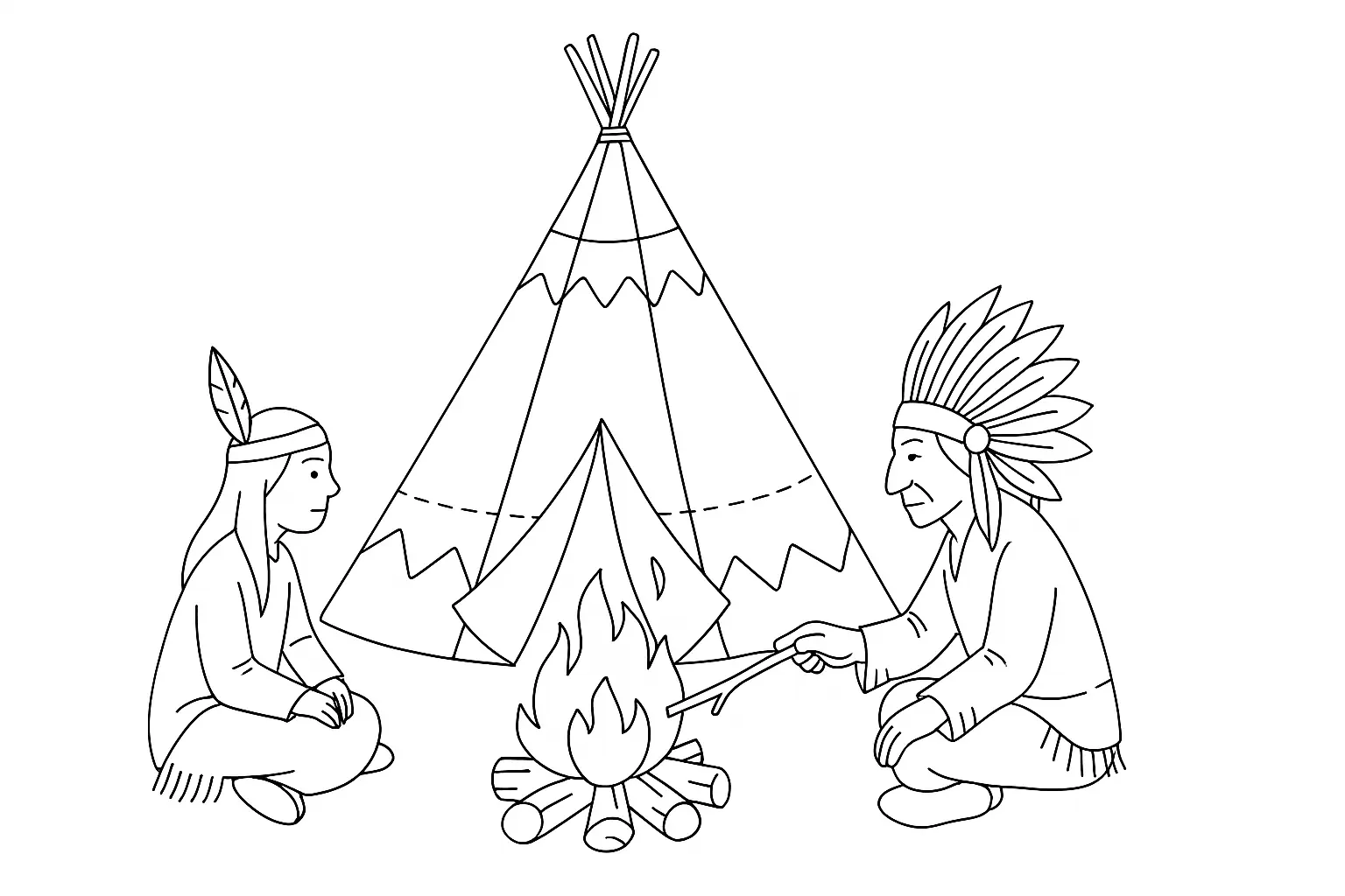 Tipi Coloring Page – Campfire Scene with Native Americans