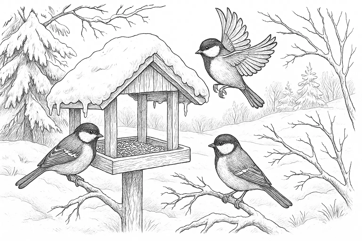 Meisen am Futterhäuschen – Ausmalbild für den Winter