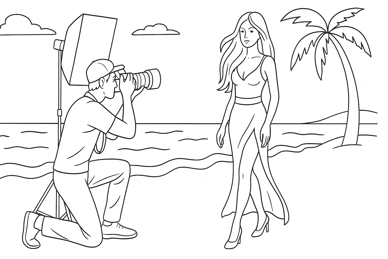 Top model lors d'un shooting photo à la plage