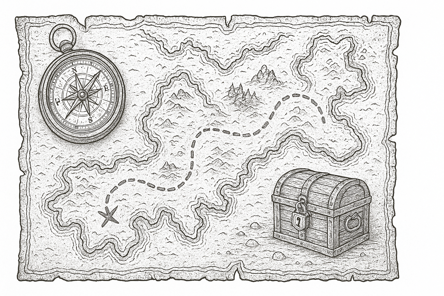 Treasure Map with Compass and Treasure Chest