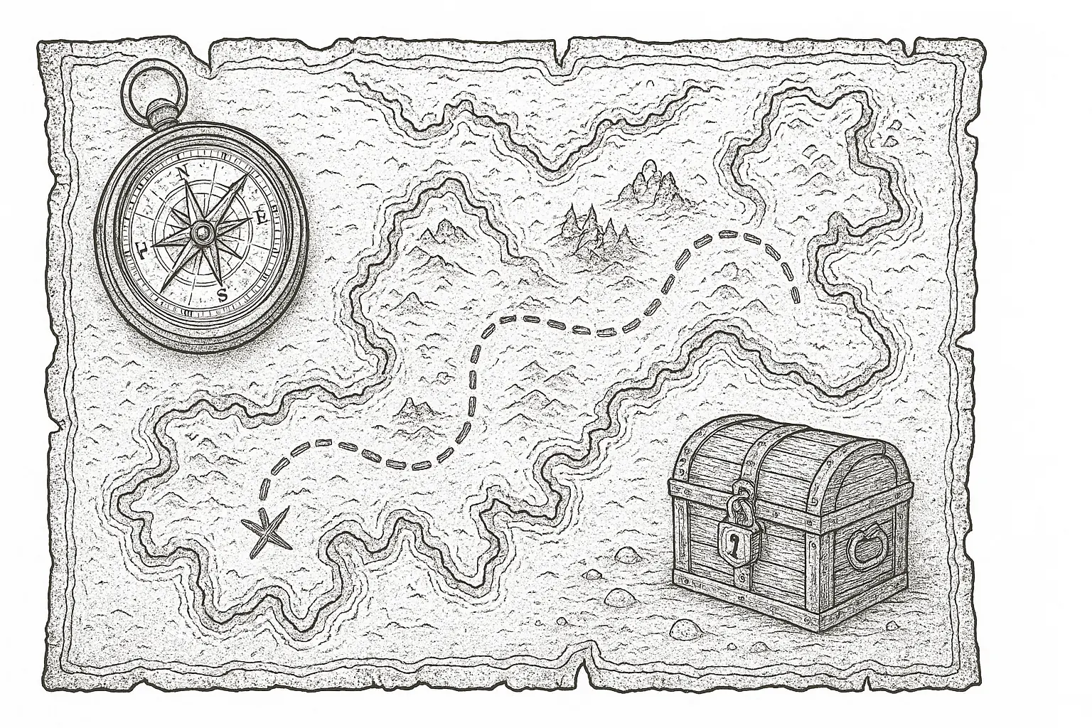 Schatzkarte mit Kompass und Schatztruhe