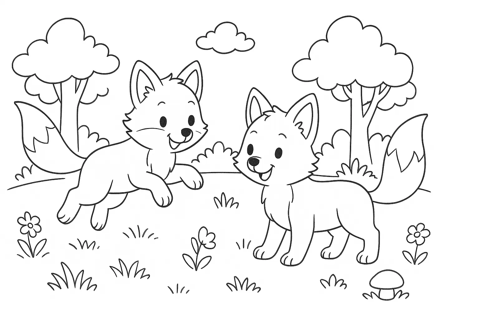 Two Young Foxes in the Forest – Coloring Page