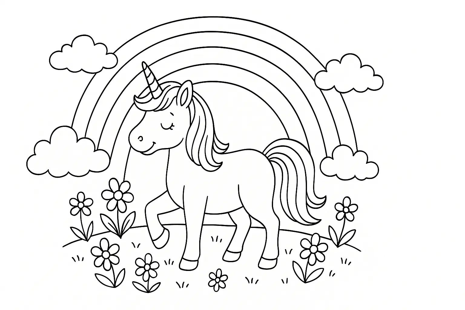 Einhorn mit Regenbogen Ausmalbild – Vorlage für Kinder