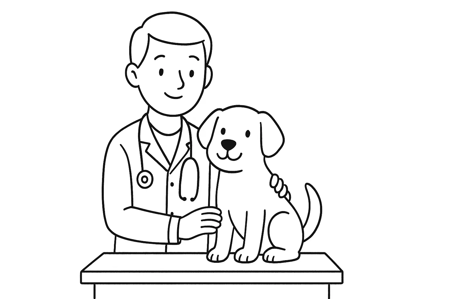 Tierarzt mit Hund: Ausmalbild als PDF zum Ausdrucken