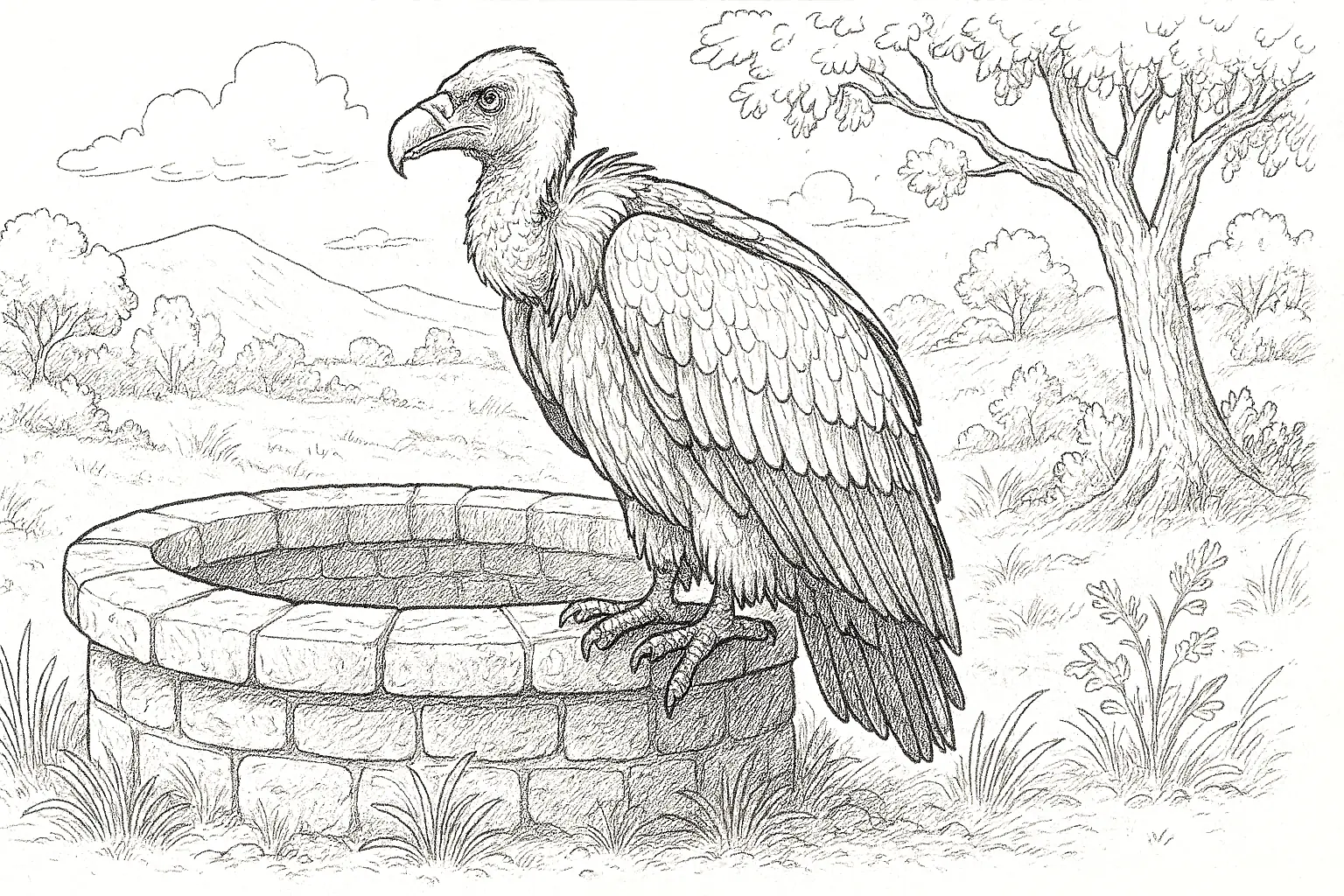 Geier am Brunnen – Wildtier-Ausmalbild als PDF herunterladen