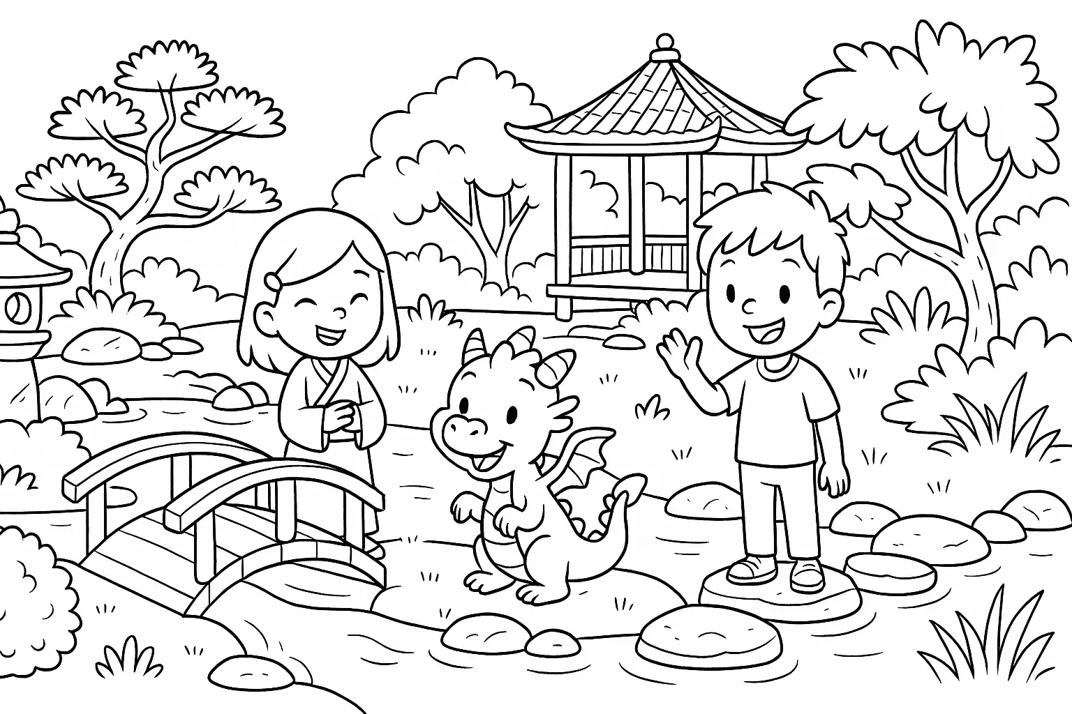 Fantasievolle Ausmalvorlage mit Garten, Drachen und Kindern