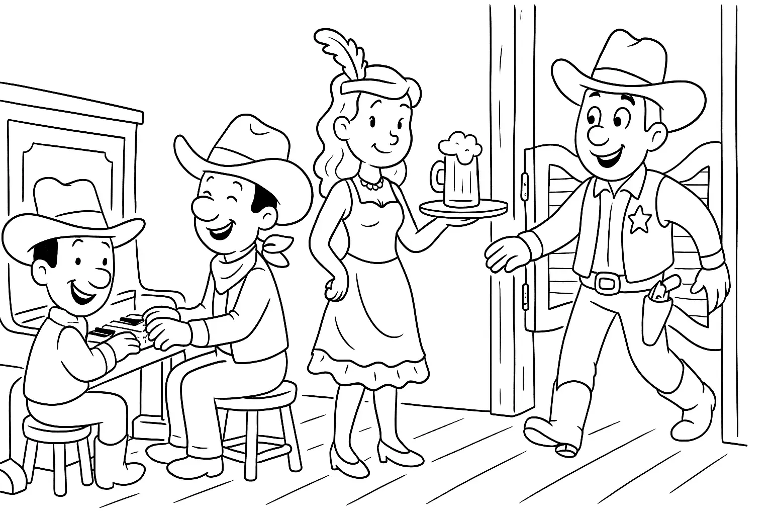 Wilder Westen im Saloon – Ausmalbild für kleine Cowboys