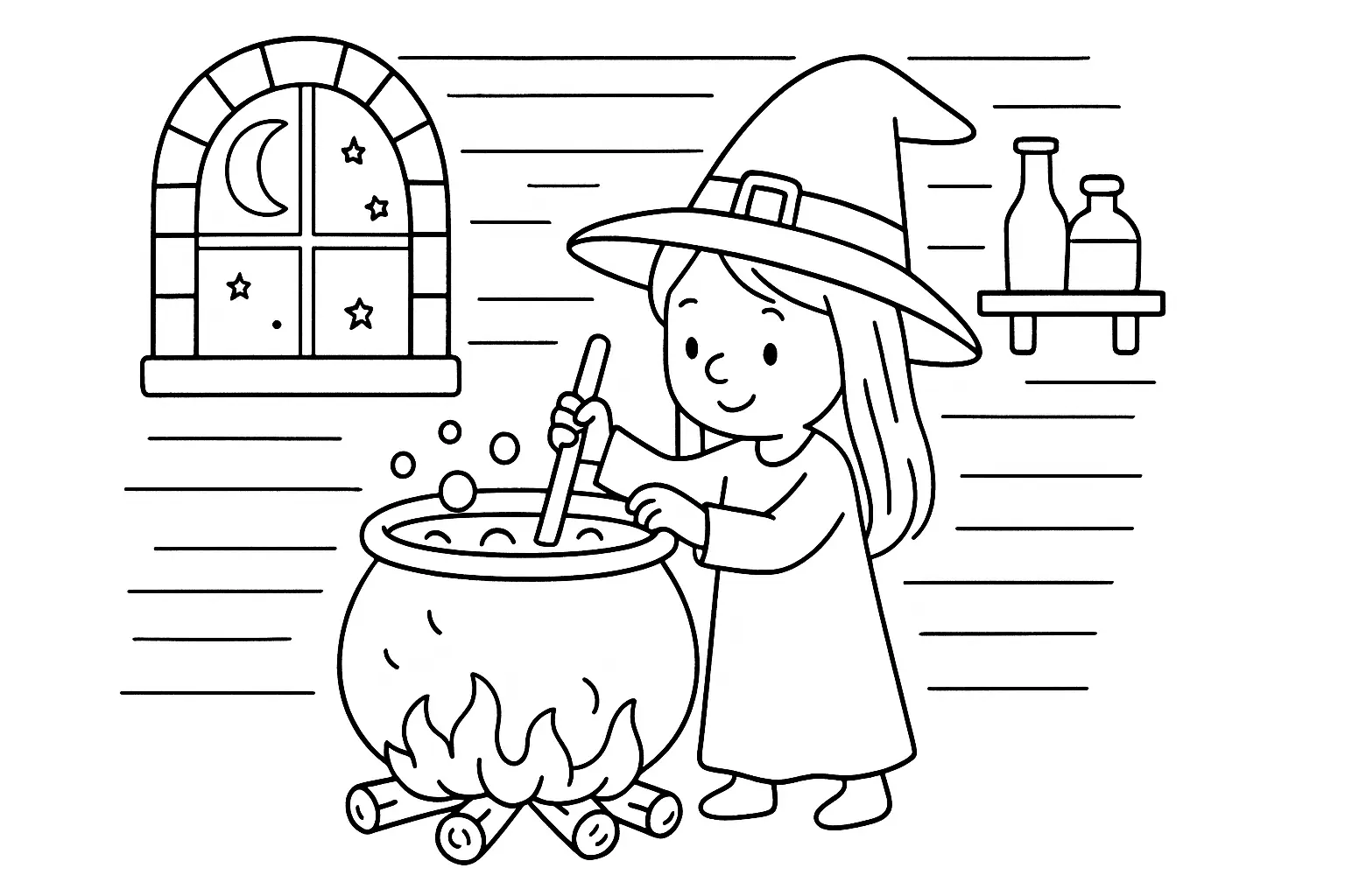Coloriage sorcière au chaudron – PDF gratuit