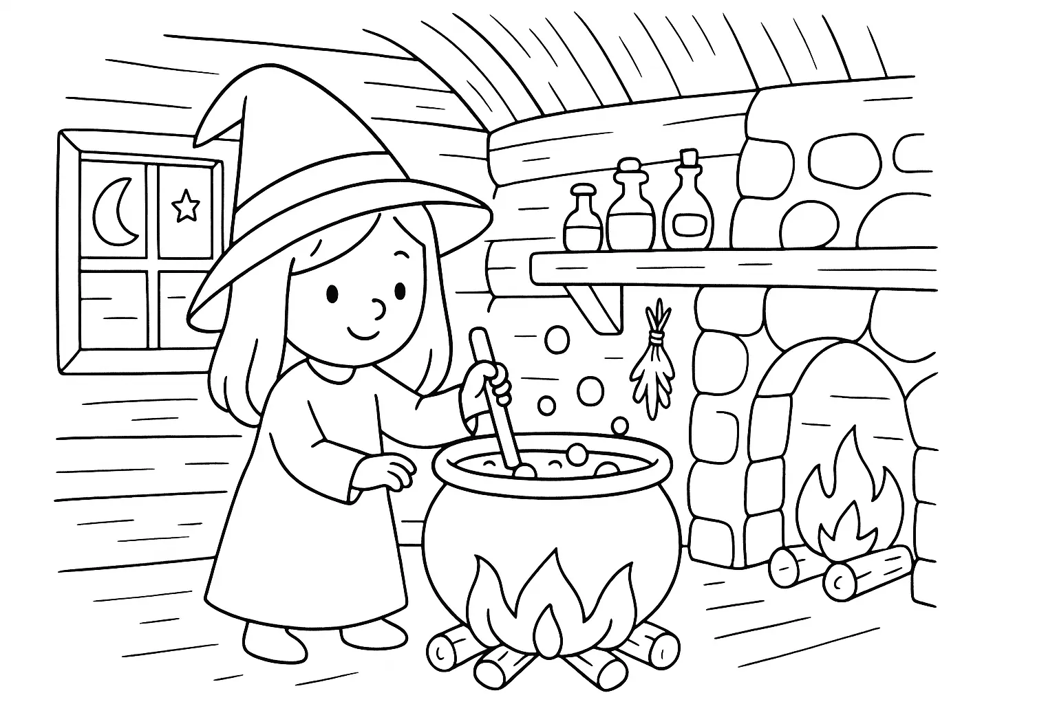Coloriage sorcière au chaudron – PDF gratuit