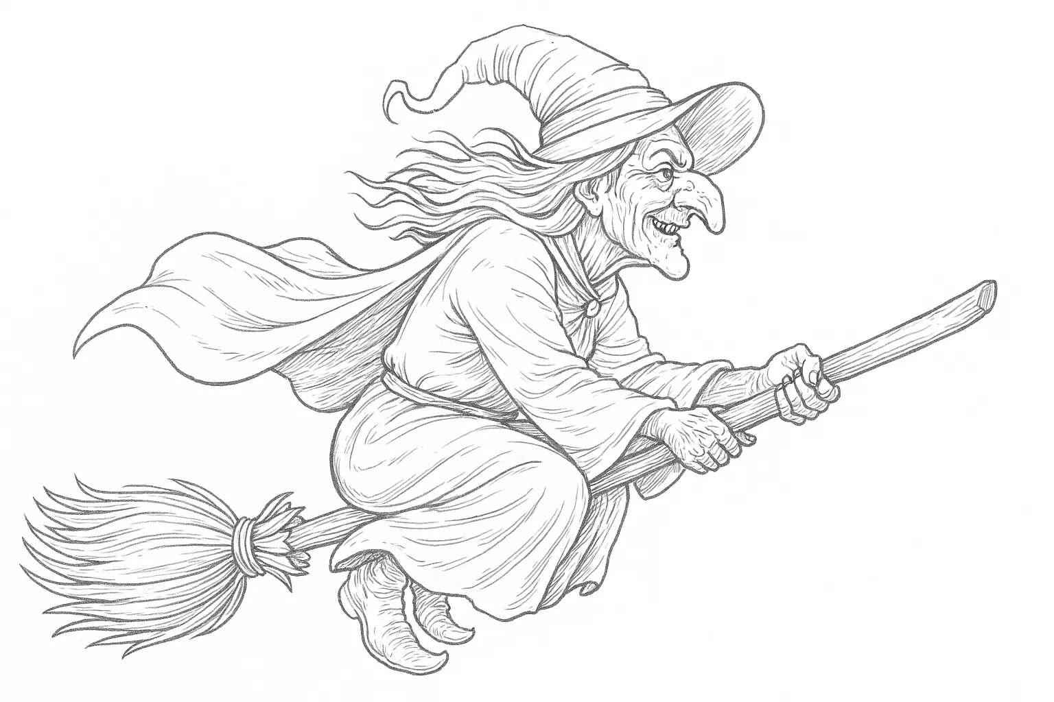 Sorcière volant avec balai et chapeau