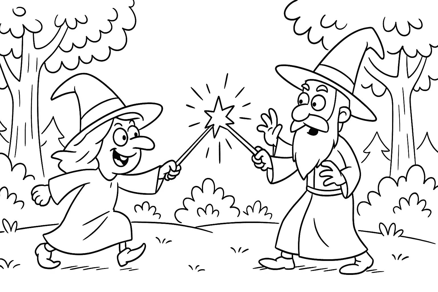 Hexe mit einem Zauberer – Ausmalbild gratis herunterladen