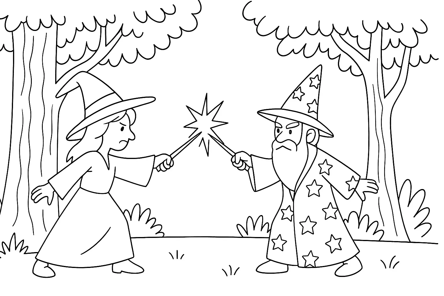 Zauberer und Hexe im Duell – Fantasievolles Ausmalbild