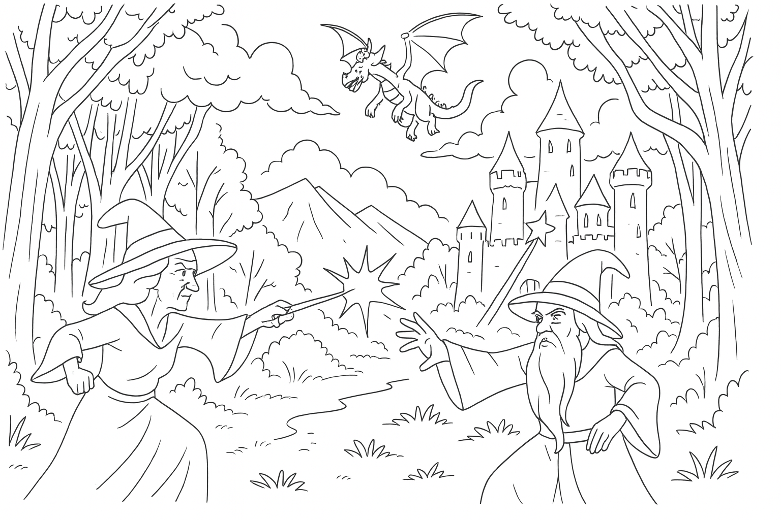 Wizard Meets Witch in a Magical Duel – Coloring Page