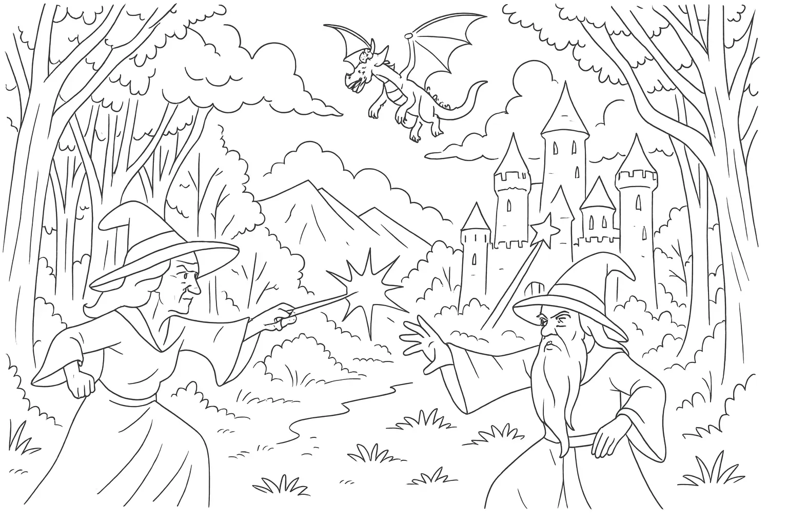 Zauberer trifft Hexe im magischen Duell – Malvorlage