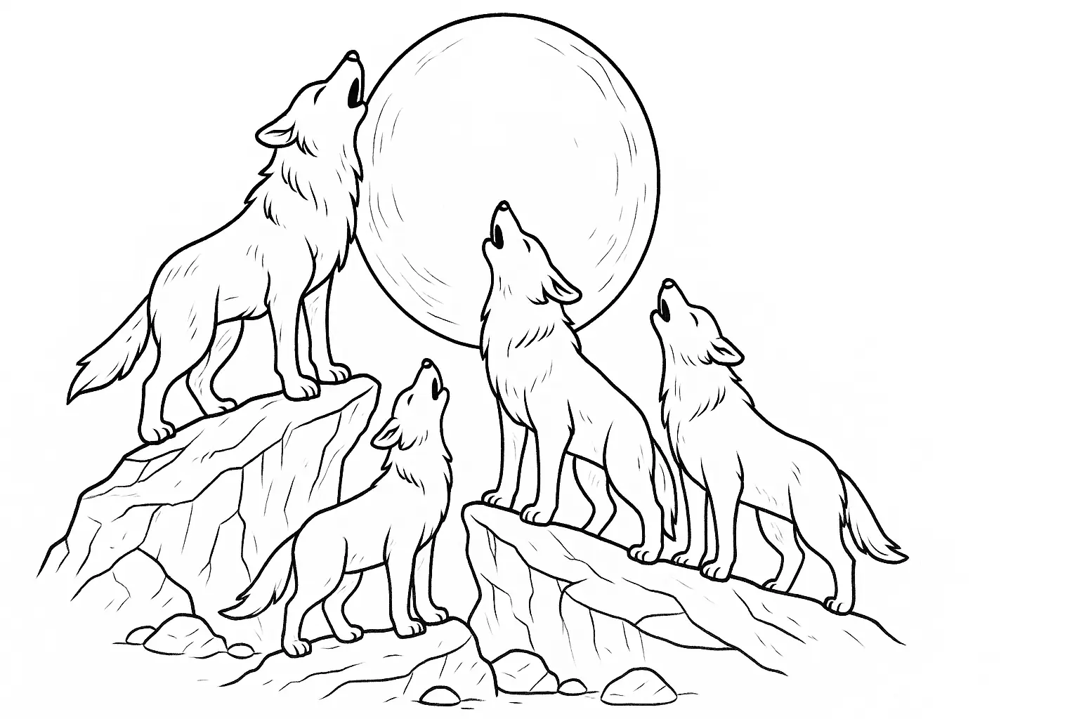 Wölfe heulen den Mond an – Gratis Ausmalbild für Kinder