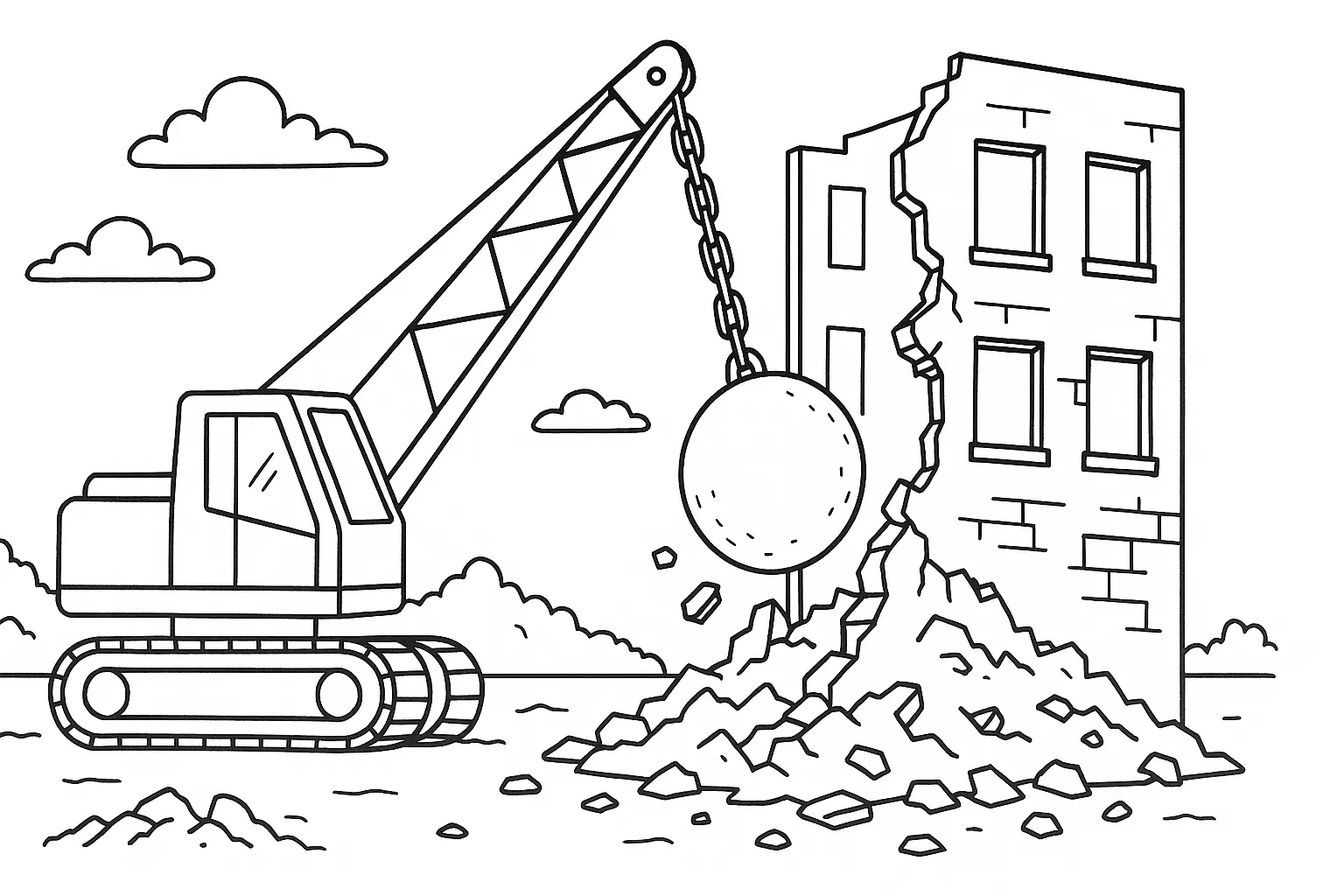 Abrissbirne im Einsatz – Baustellen-Ausmalbild