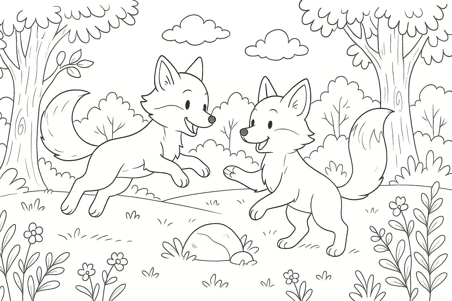 Young Foxes Playing – Free Printable Coloring Page