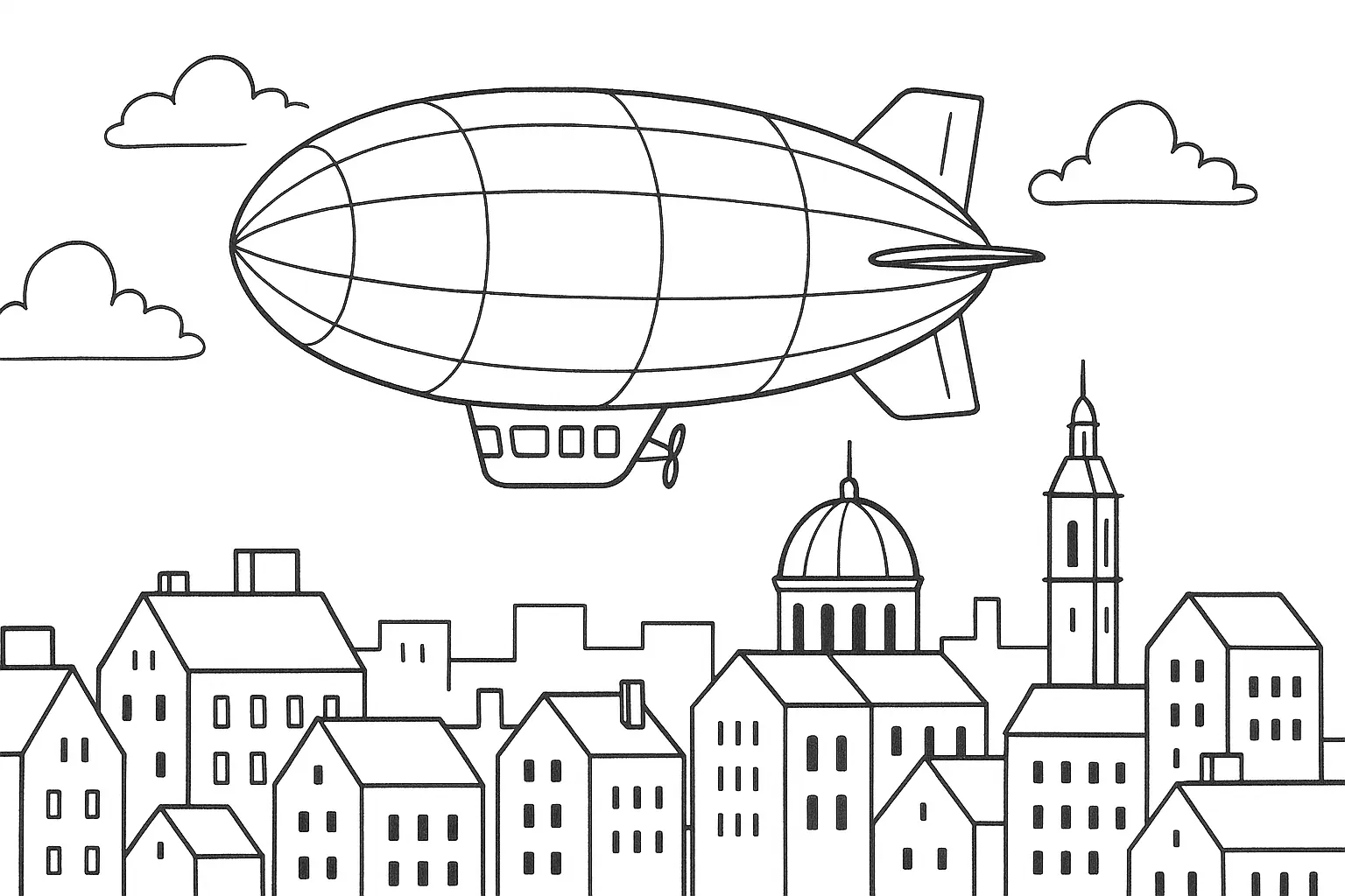Zeppelin Ausmalbild: Stadt-Szene als klare Malvorlage