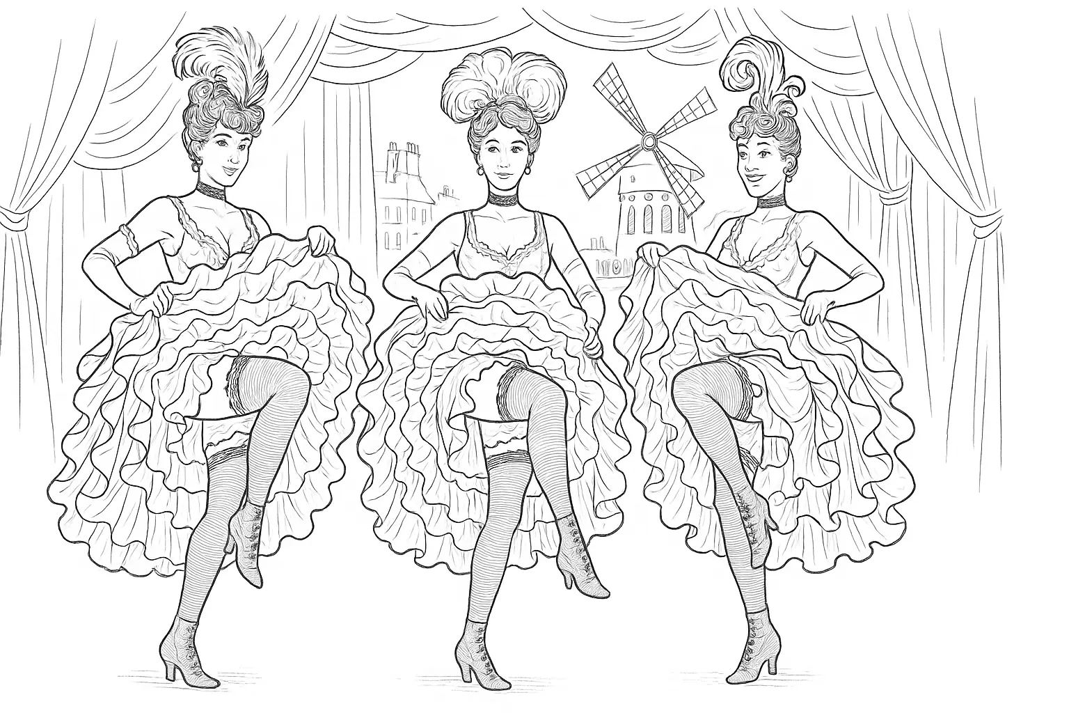 Can-Can Tänzerinnen Malvorlage gratis zum Ausdrucken