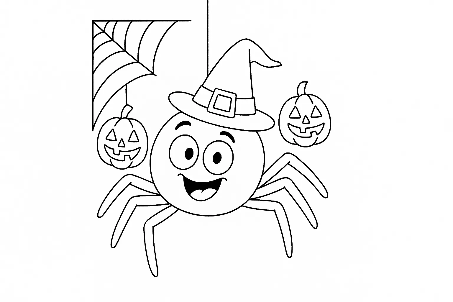 Lustige Halloween-Spinne – Ausmalbild mit Kürbisgesichtern