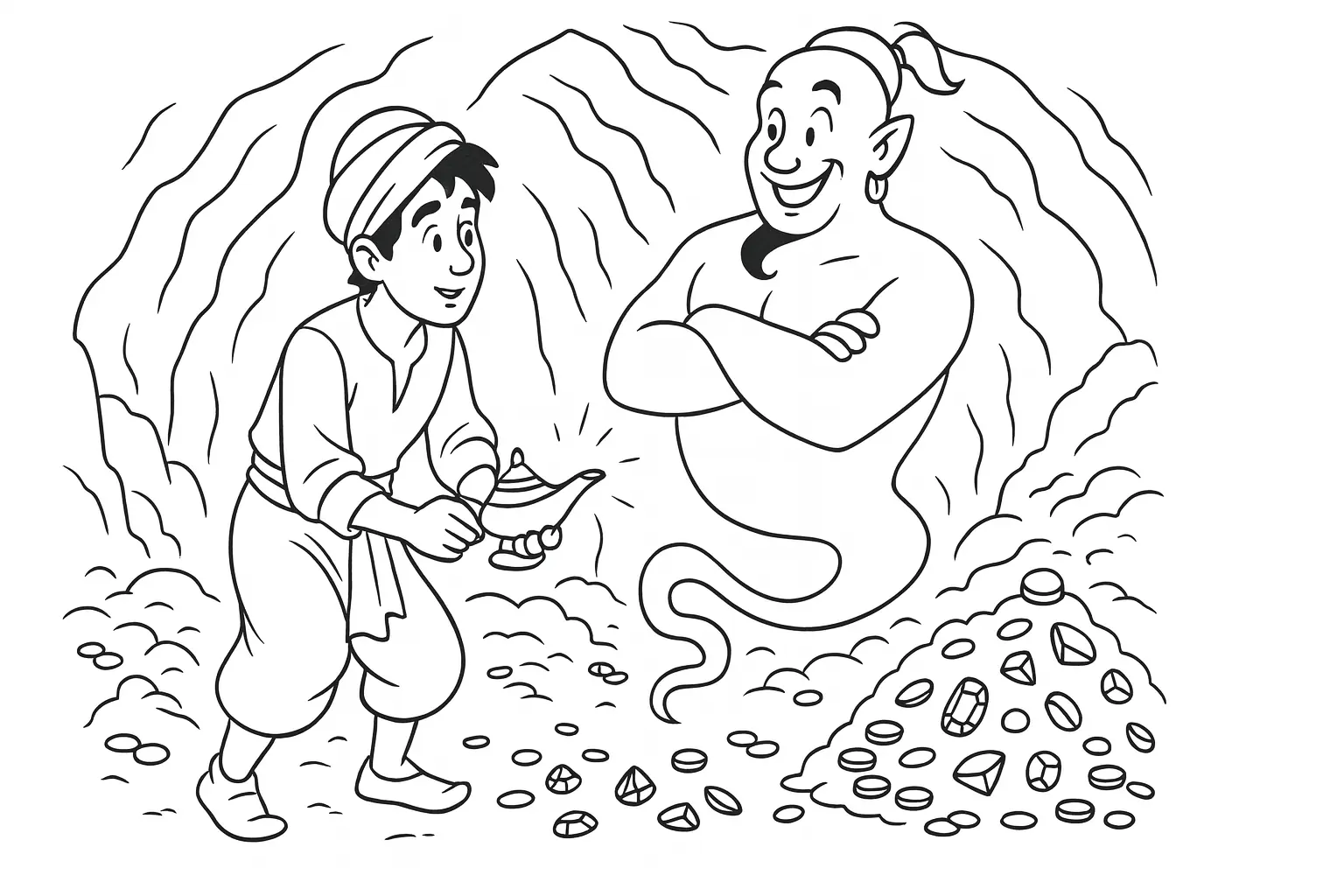 Flaschengeist Ausmalbild – Szene mit Lampe &amp; Schatz