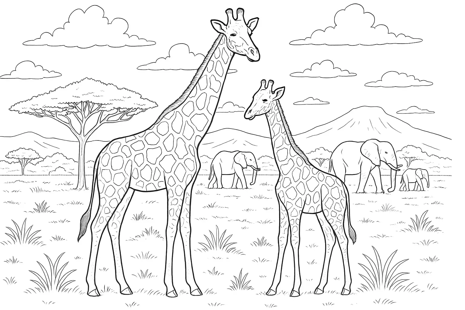 Giraffe im Grasland – Ausmalbild mit afrikanischer Szene