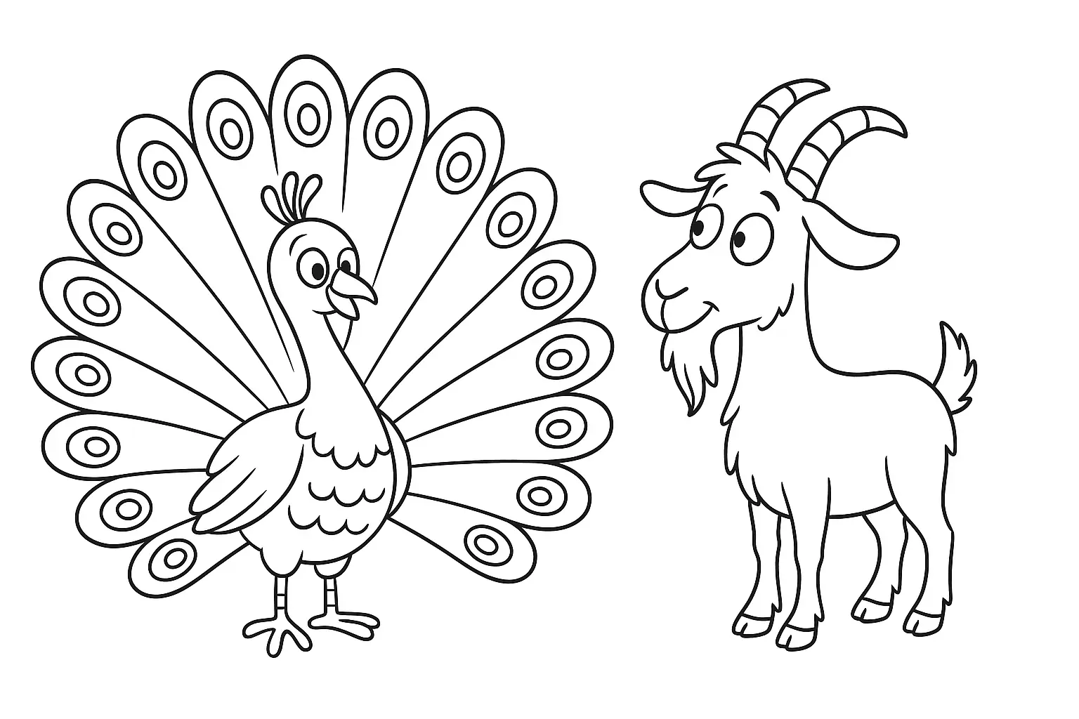 Ausmalvorlage mit Ziege und Pfau – Tiere kreativ gestalten