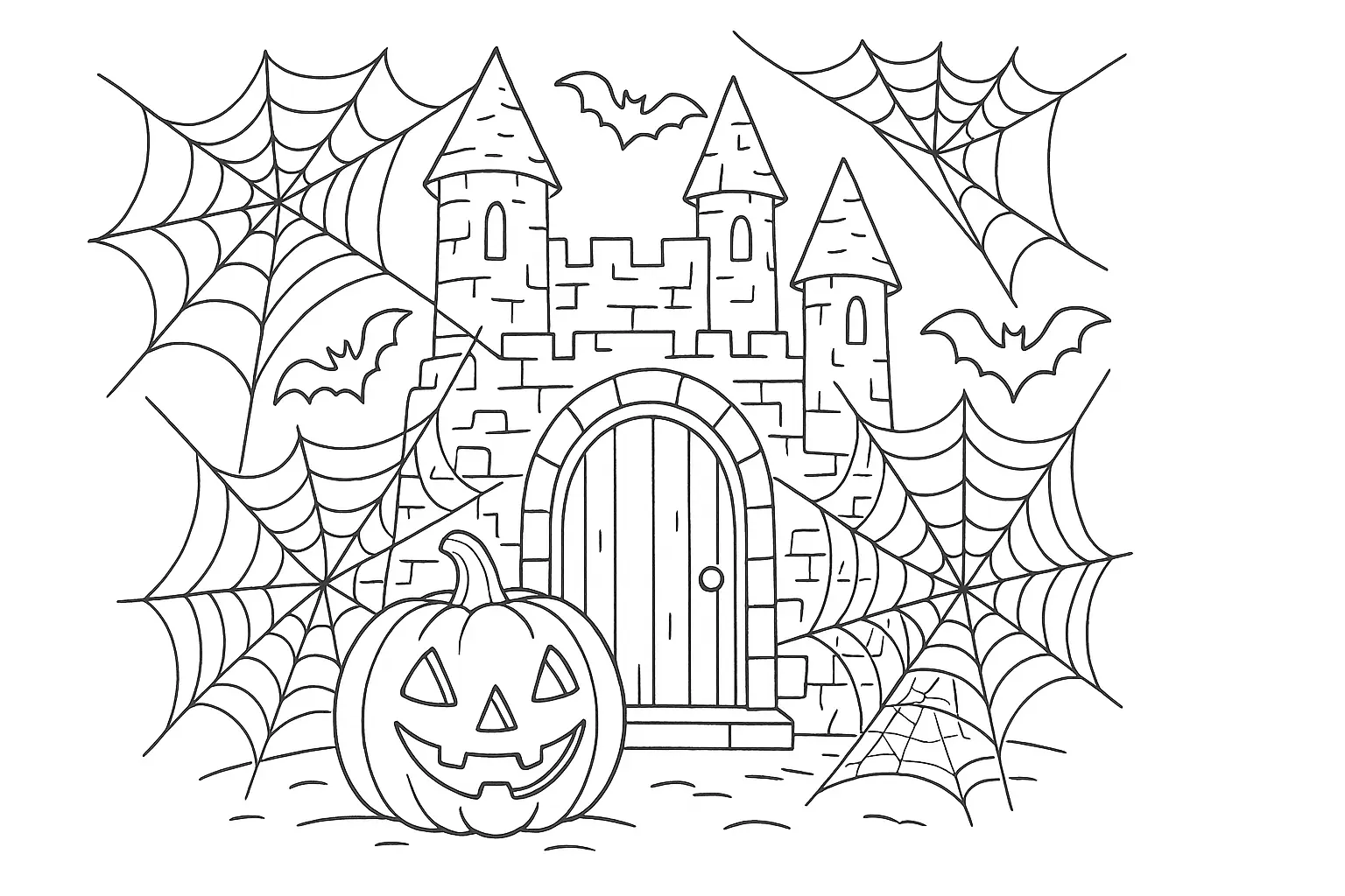 Halloween-Schloss mit Kürbis und Spinnennetzen – PDF-Vorlage