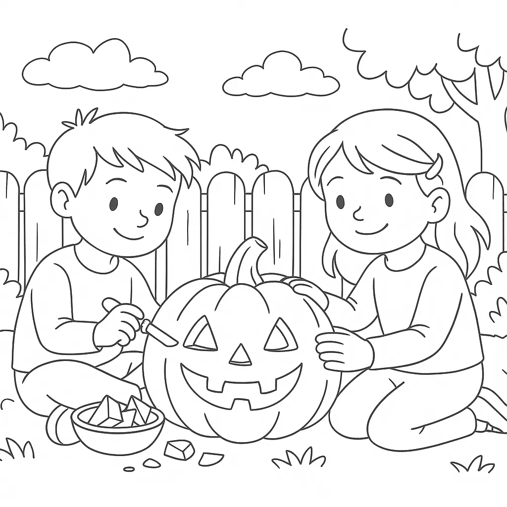 Halloween Ausmalbild: Kinder schnitzen Kürbis im Garten