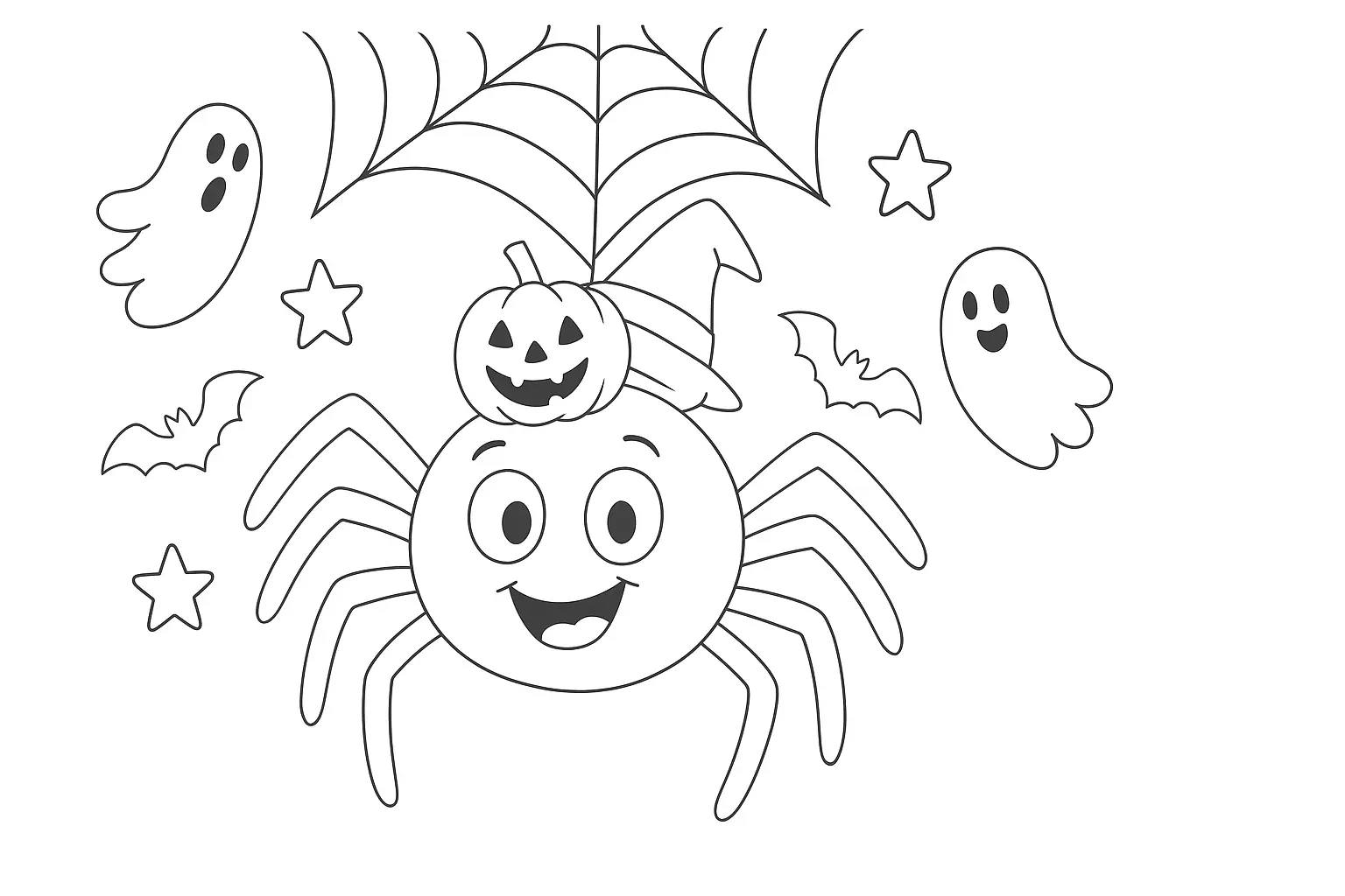 Fröhliche Halloween-Spinne – Ausmalbild mit Kürbis