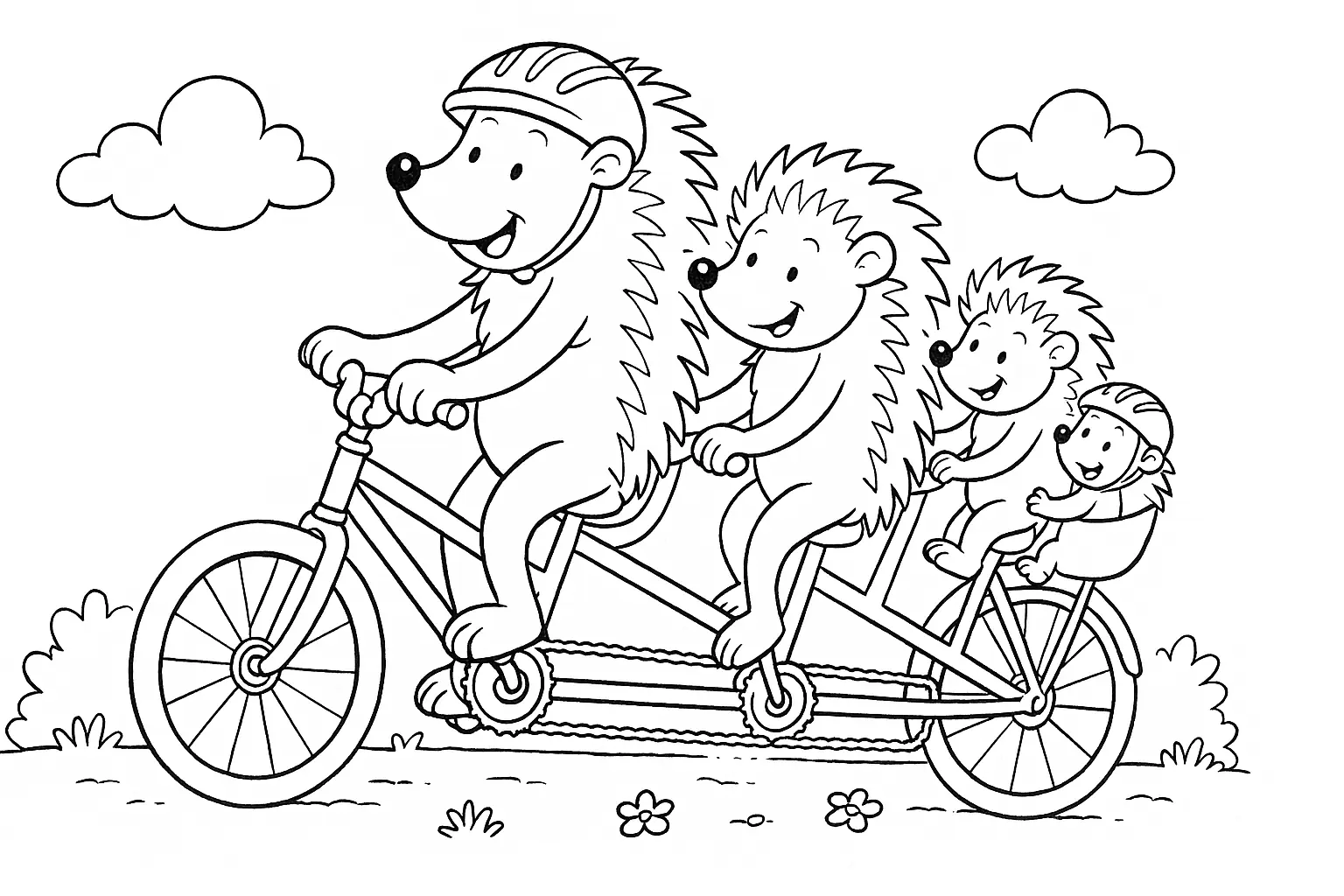 Igel-Familie auf Fahrrad – lustiges Tiermotiv zum Ausmalen