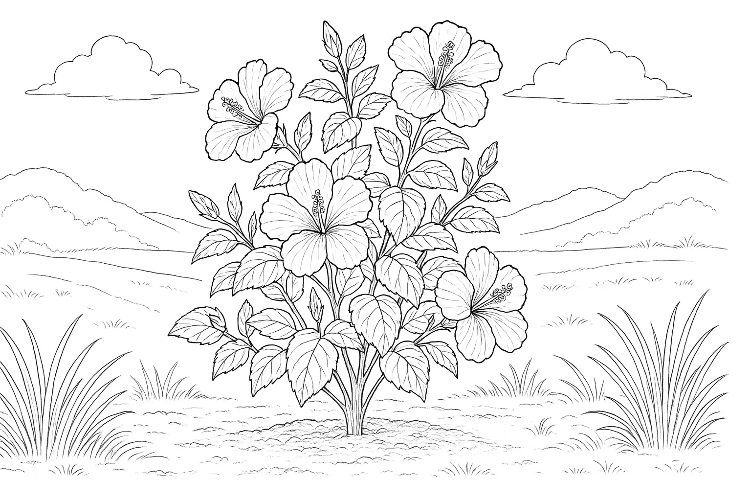 Hibiskus Ausmalbild – tropische Blütenpracht als PDF-Vorlage