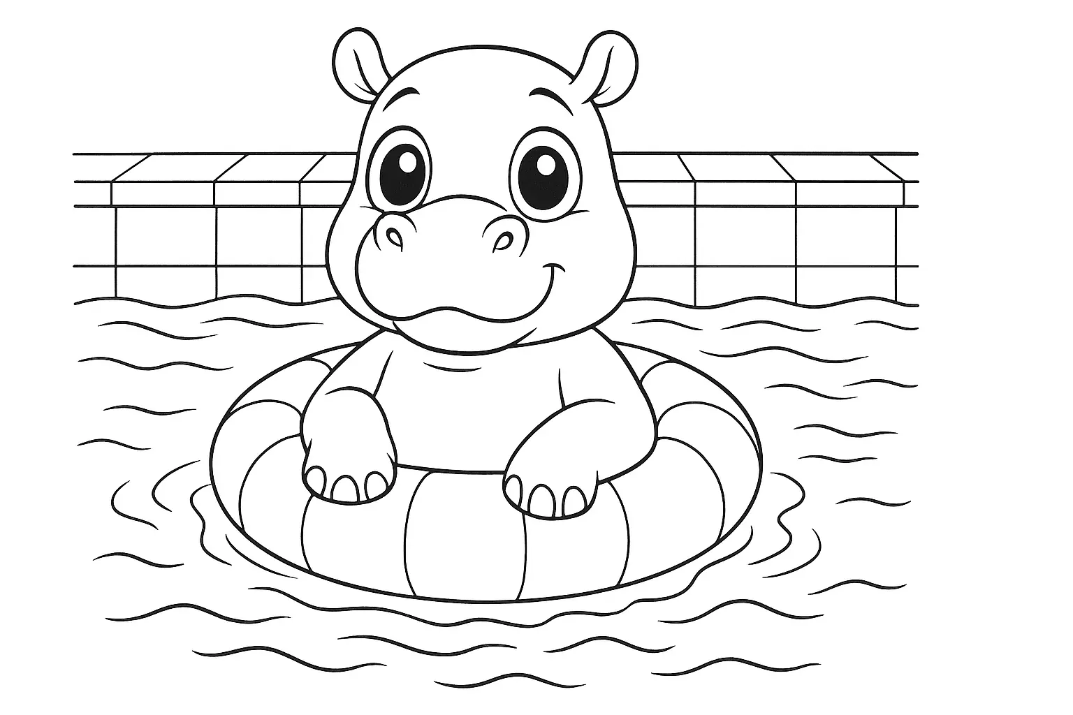 Ausmalvorlage: Nilpferd im Schwimmreifen zum Herunterladen